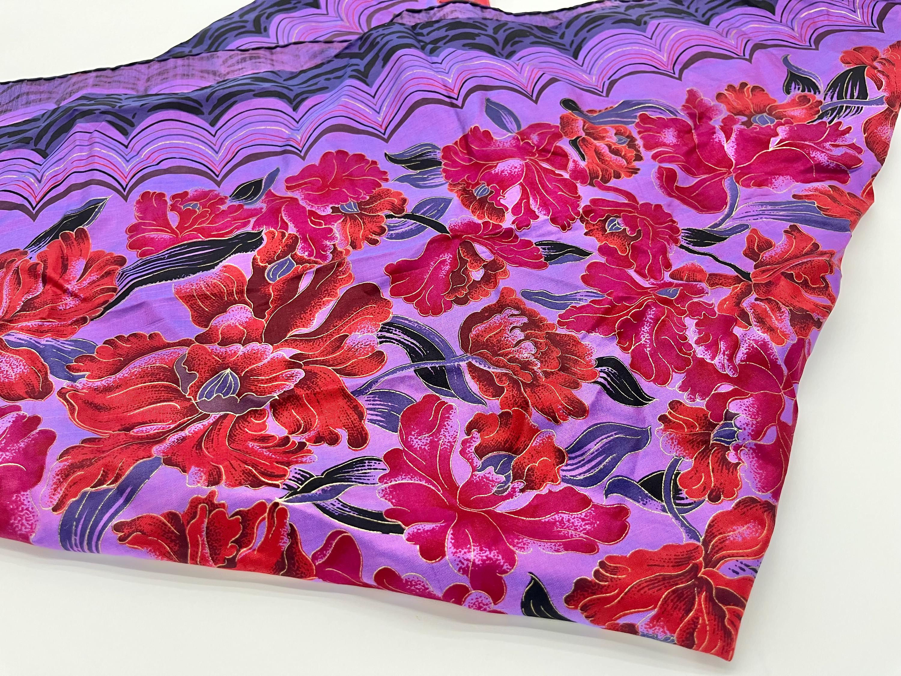 100% Thai Silk Scarf: Vintage Square Purple and Black Floral