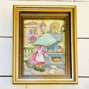 Vintage Paper Tole 3D Picture Wall Hanging Girl In Kitchen Gold Framed Art 8x10 Decor Kids Wooden 70s 80s Frame Rare