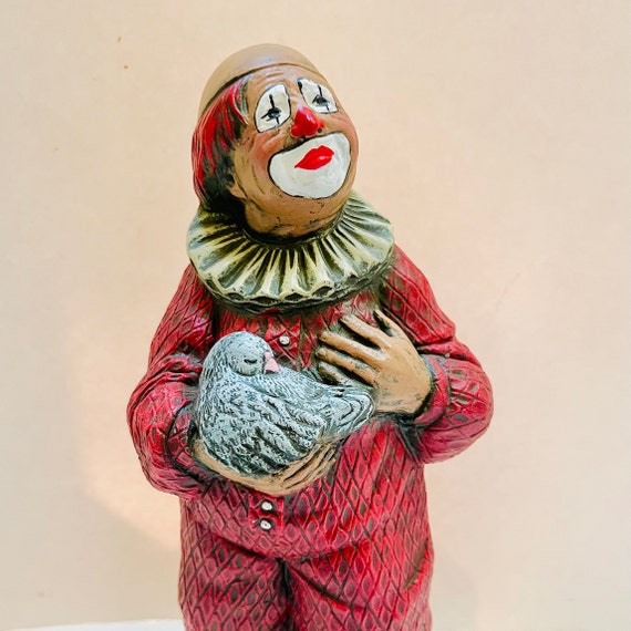 Vintage Sad Clown Sculpture Statue Figurine Red Outfit Holding Bird 9 HEAVY  