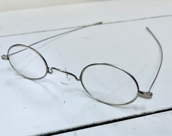 Antique Silvertone Round Wire Eyeglasses Frames Metal Spectacles Light Weight Eye Wear Glasses
