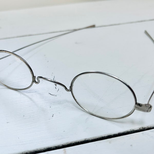 Antique Silvertone Round Wire Eyeglasses Frames Metal Spectacles Light Weight Eye Wear Glasses