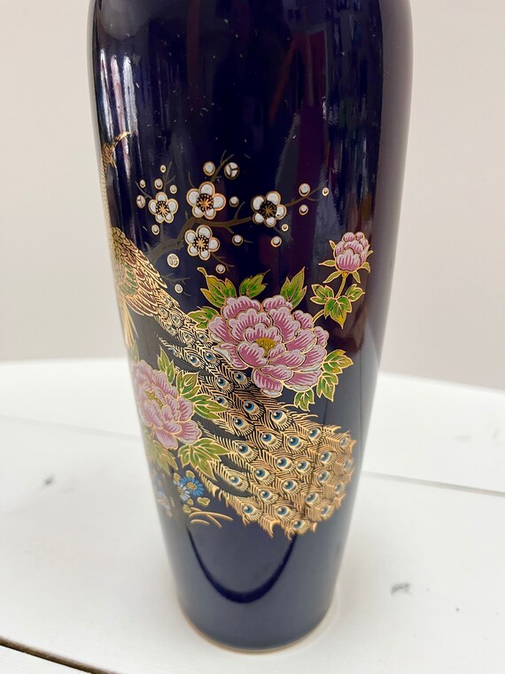 Vintage Cobalt Blue Japanese Vase: Peacock & Flowers, Gold Accents