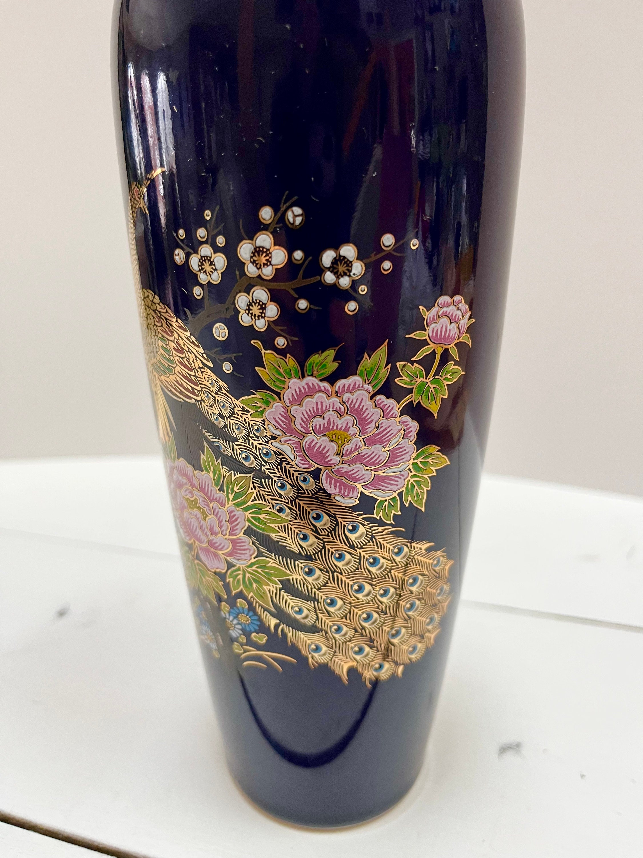Vintage Cobalt Blue Japanese Vase: Peacock & Flowers, Gold Accents
