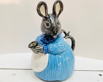 Hand Painted Mouse Shaped Ceramic Pottery Tea Pot Blue Cute