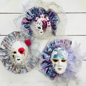 Jester Lady's Faces Ceramic Fabric Masks Wall Decor Hanging Lot of 3 Clowns Vintage Taiwan 90s Hand Painted Mask Mardi Gras Lace Ribbon