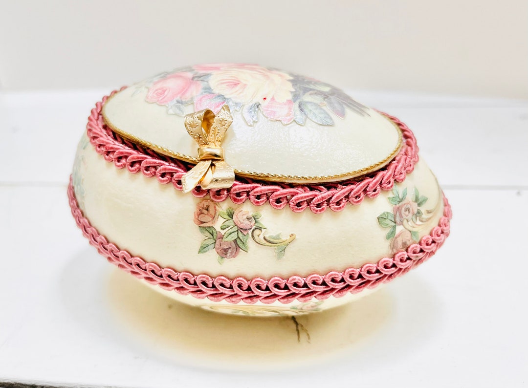 Vintage Real Ostrich Egg Keepsake Large Eggs Trinket Box Decorated
