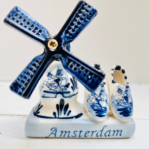 Delft Blue Windmill & Clogs Figurine: Amsterdam Ceramic Souvenir