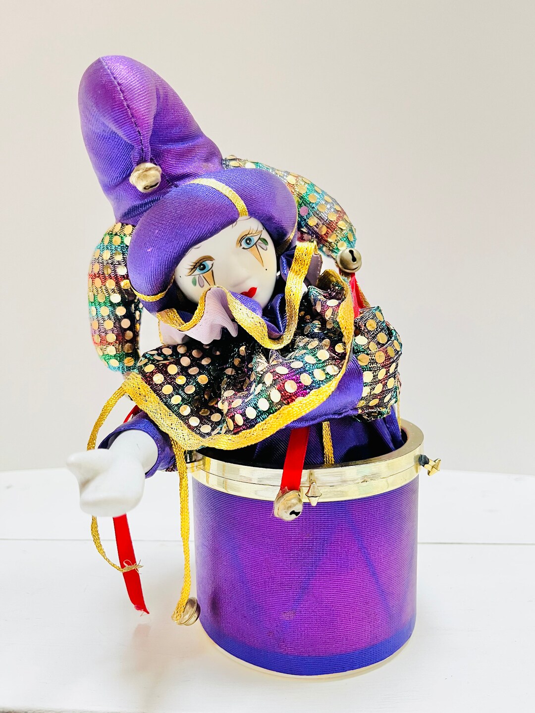 Vintage Purple Ceramic Jester Clown Musical Wind-up Box (defects