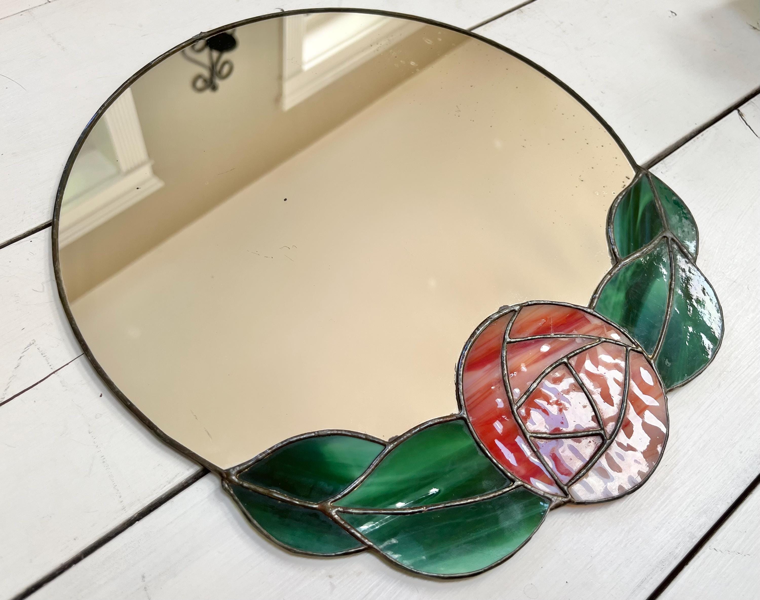 Vintage Stained Glass Mirror: Cottagecore Rose Bud Floral Decor