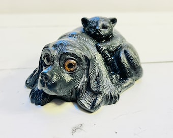 Vintage Black Soapstone Dog and Cat Carving Sculpture Figurine Cocker Spaniel Made In Canada Canada Lying Down Cuddling Rare Pets Small