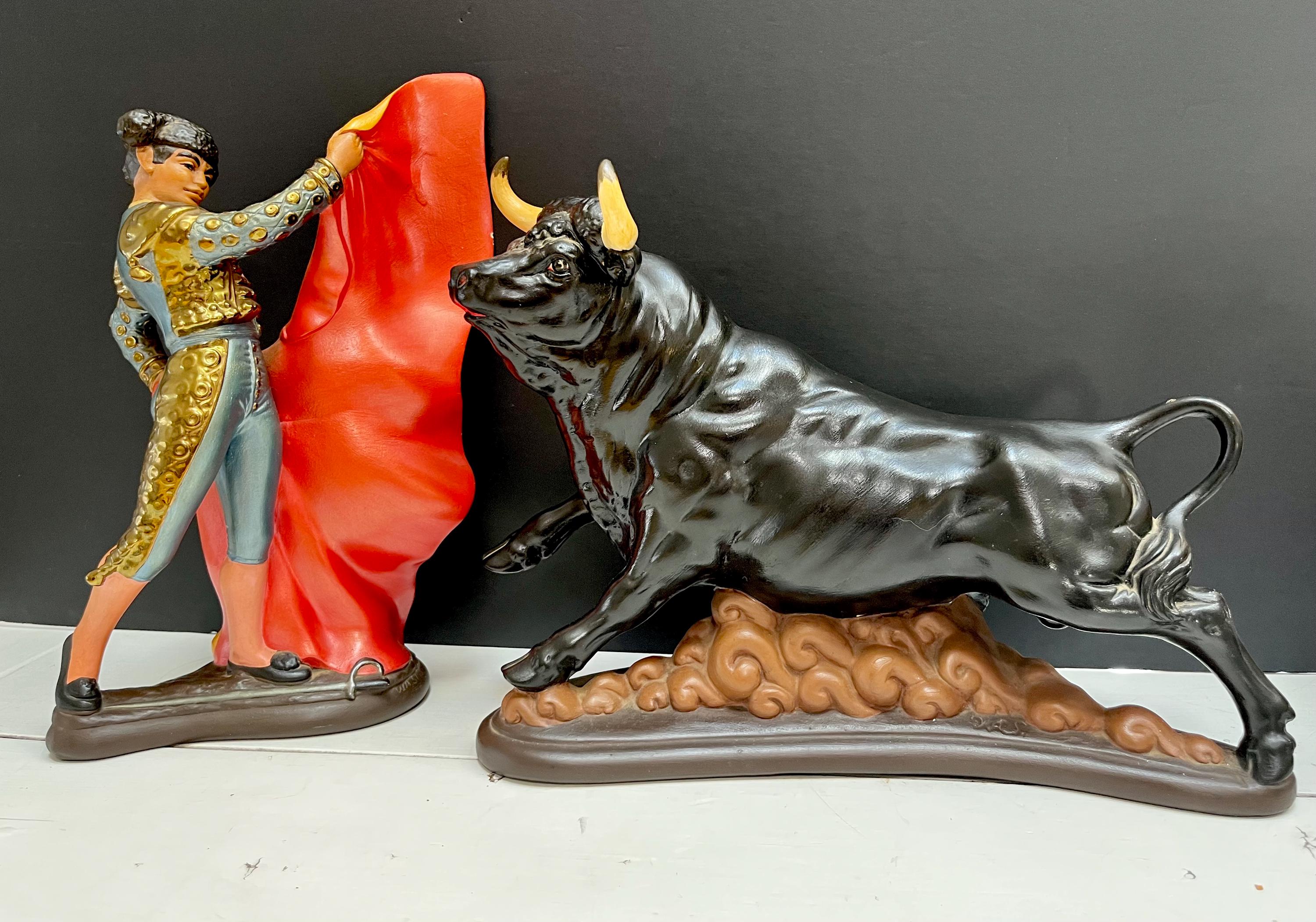 Vintage Atlantic Mold Ceramic Matador and Bull Figurines: 70s Hand
