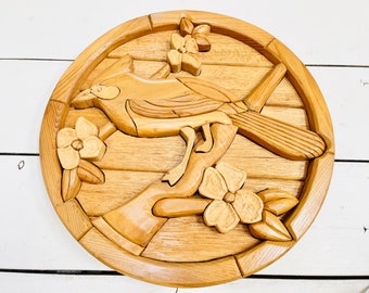 Arte mural vintage de pájaro de madera: mosaico de intarsia tallada, 35 cm