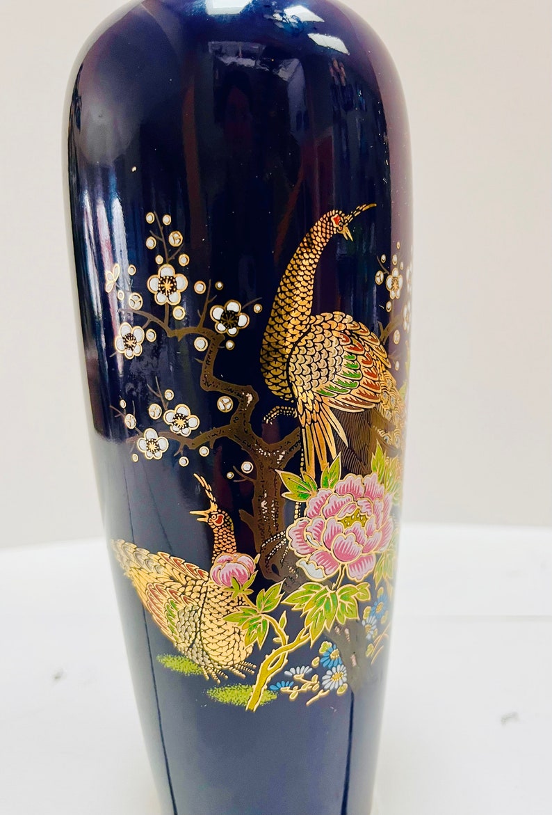 Vintage Cobalt Blue Japanese Tall Vase Peacocks Flowers Pattern Gold Accents Peacock Bird