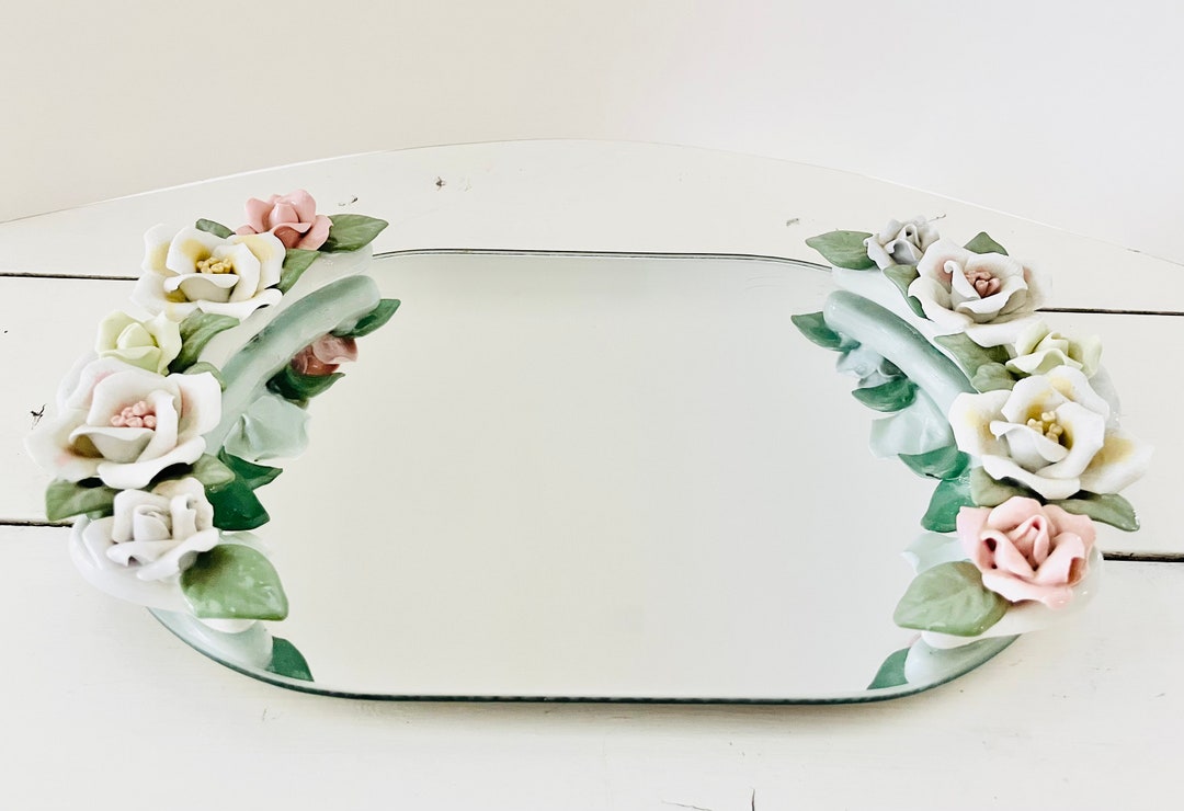 Vintage Mirror Vanity Tray 3D Flowers Roses White Pink Makeup Etsy