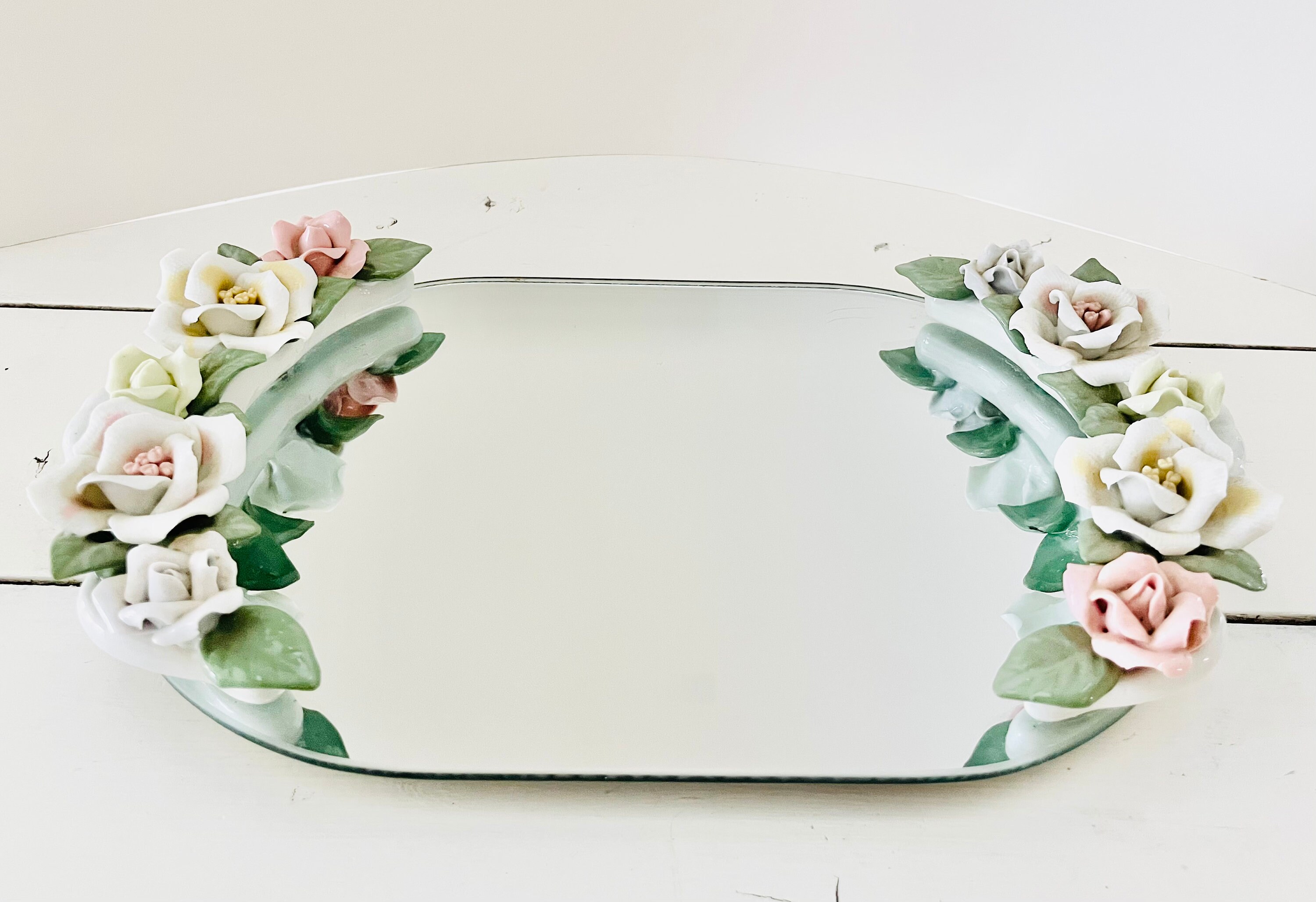 Vintage Oval Mirror Vanity Tray: Ceramic Roses Decor - Etsy
