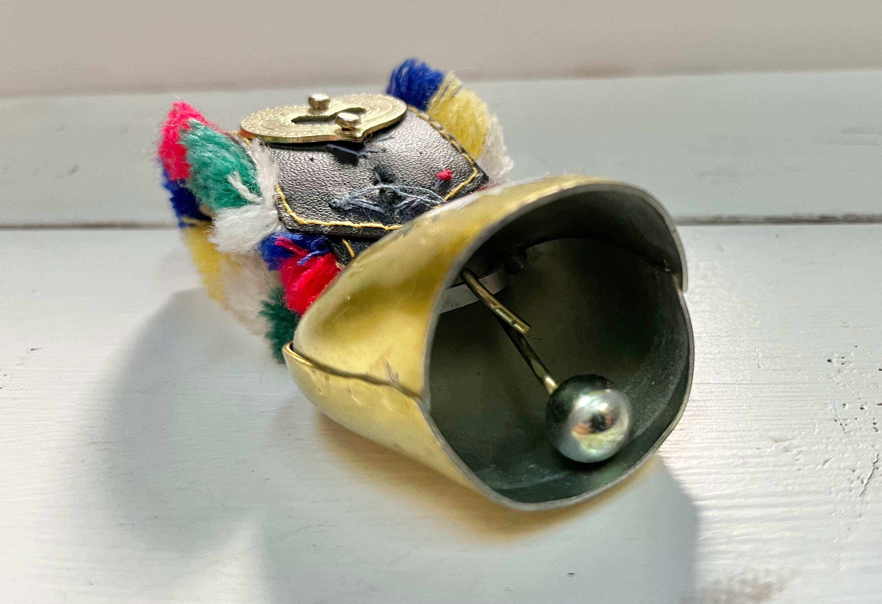 Vintage Small Swiss Cow Bell: Brass Floral Painted Bell With