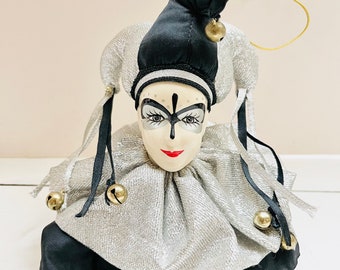 Vintage Musical Box Decor Jester Ornament: Black Silver Ceramic Clown, Plays 'Send In The Clowns'