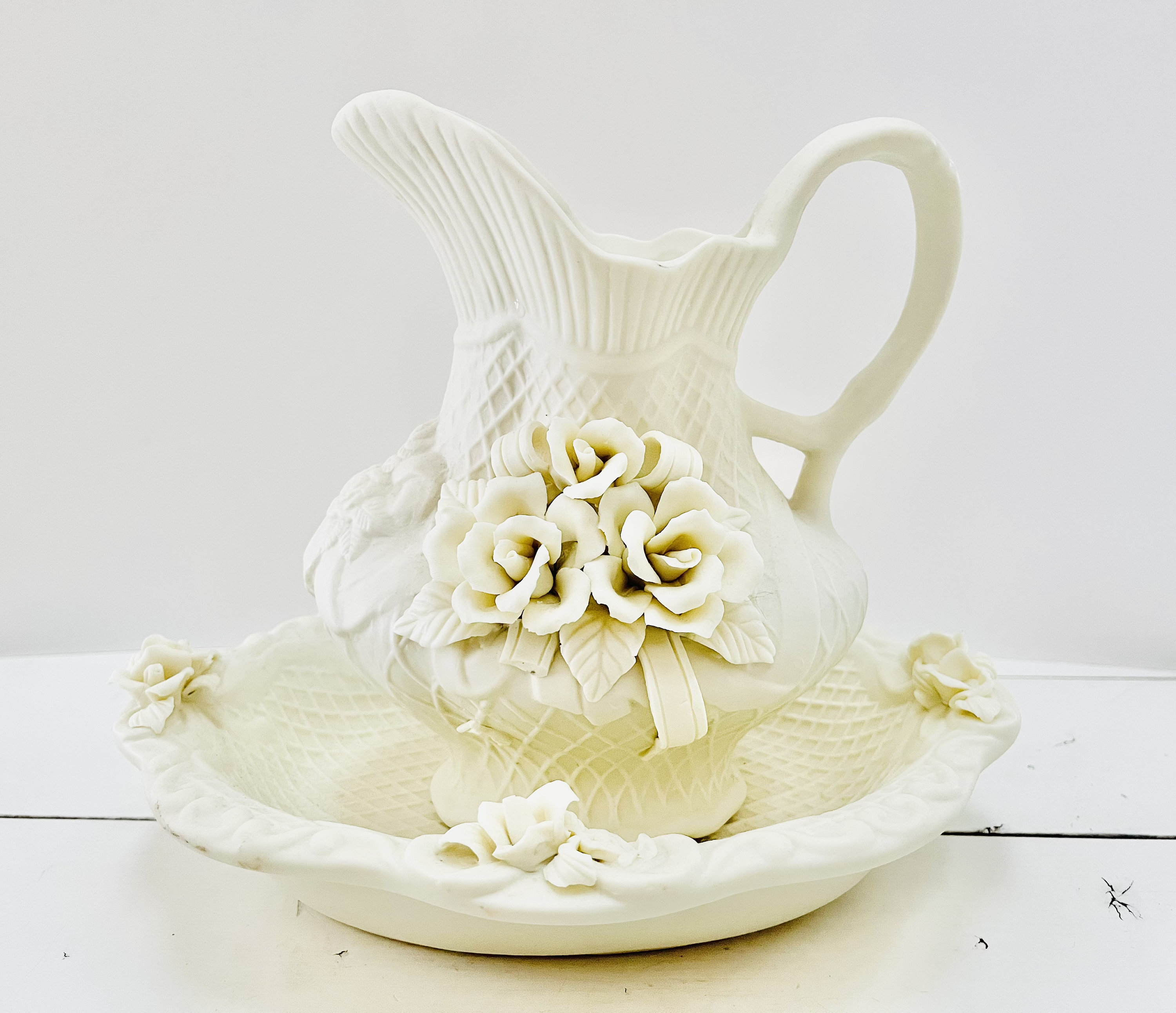 Antique Ivory Jug and Wash Basin Set: 3D Rose Floral Pitcher - Etsy