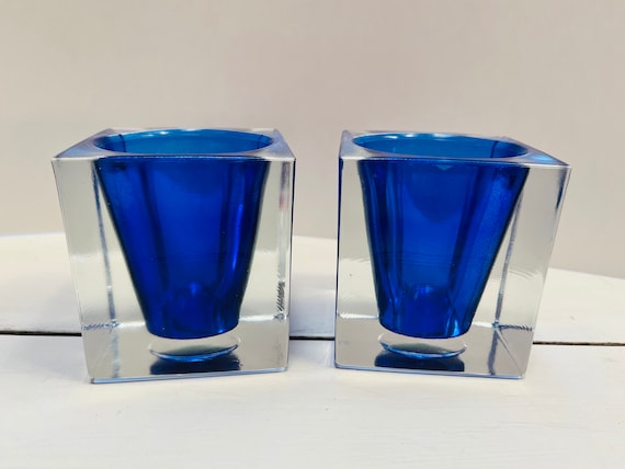 ヴィンテージ コバルトブルー ガラス キャンドルホルダー - スクエア