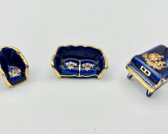 Limoges Miniature Blue & Gold Furniture: Couch Piano Porcelain Set Made in France