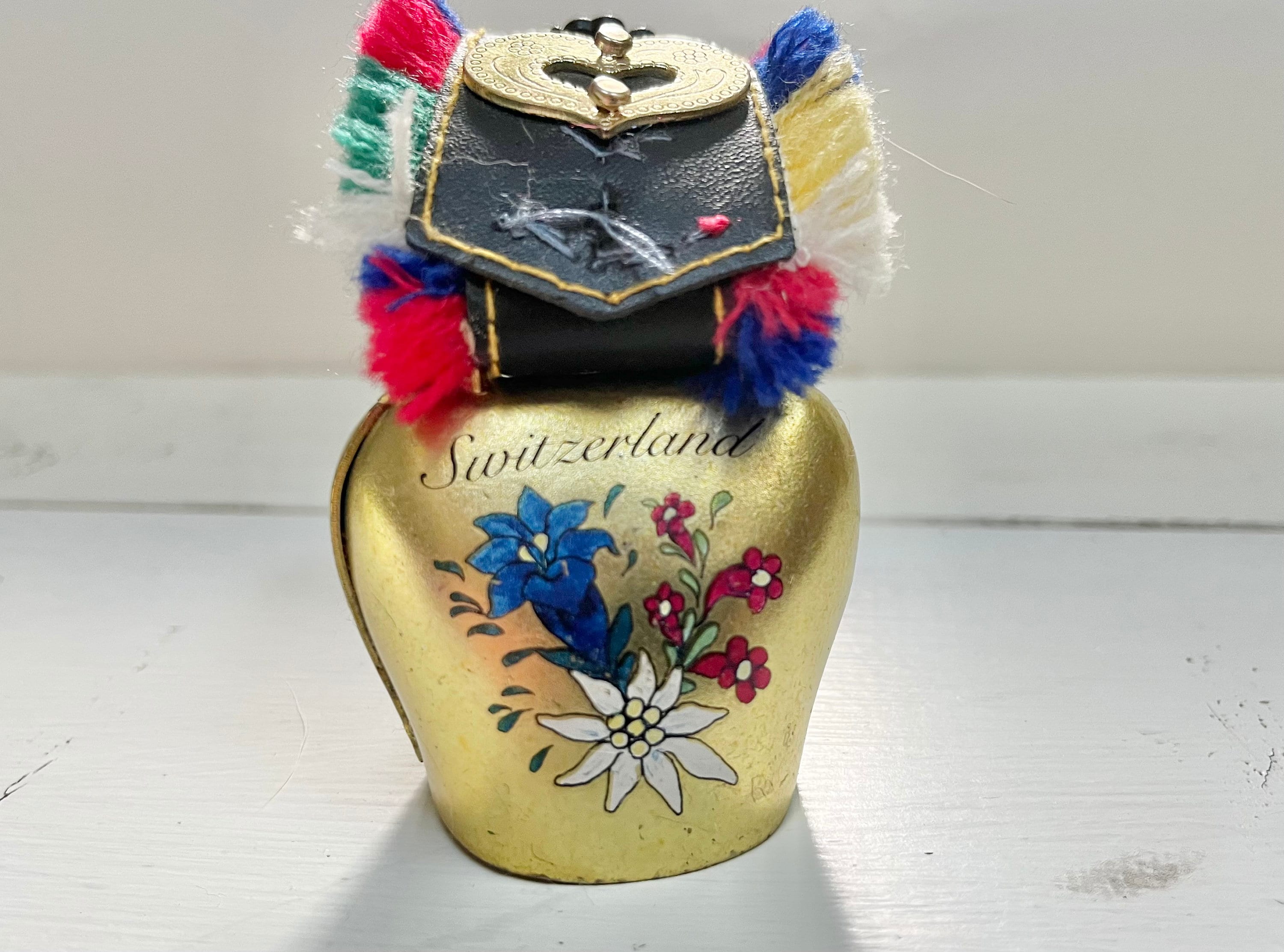 Vintage Small Swiss Cow Bell: Brass Floral Painted Bell With