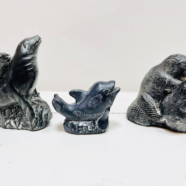 A Wolf Original Soapstone Sculptures Beavers Orca Killer Whale Seals Vintage Native Indigenous Art Figurines Carvings Lot Set of 3