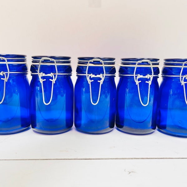 Cobalt Blue Glass Canisters Jars Lot of Five Small Size Lidded Seal Metal Clamp Snap Closures Vintage 5” Storage Spices Kitchen