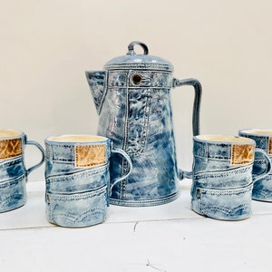 Vintage Blue Jeans Denim Ceramic Mugs and Pitcher Set 1979 70's Coffee Tea Retro
