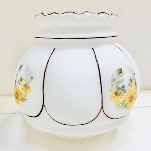 Vintage Glass Lamp Light Shade White Painted Pendant Sunflowers 6.5" Ruffled 1970s Floral Ruffles Lamps Shades Retro Lighting Rare