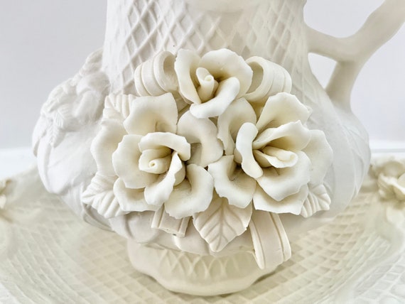Antique Ivory Jug and Wash Basin Set: 3D Rose Floral Pitcher - Etsy