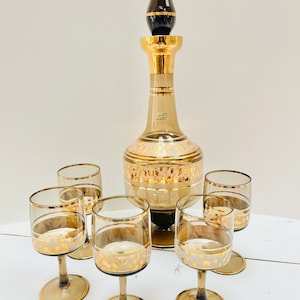 Vintage Decanter Bohemia Crystal Czechoslovakia Glasses Brown Gold Set