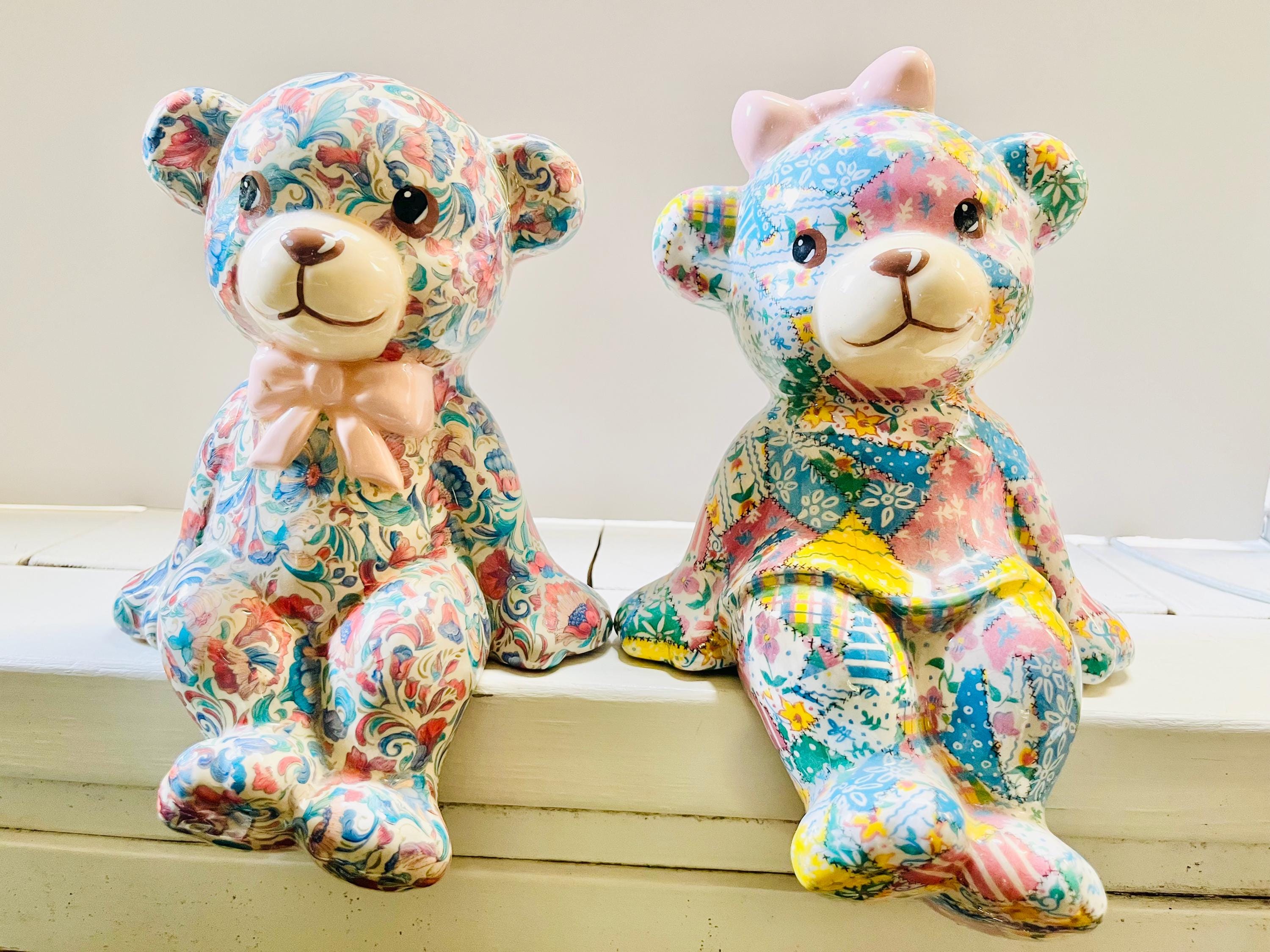 Vintage Paper Moon Design Teddy Bears Ceramic Handmade Patchwork