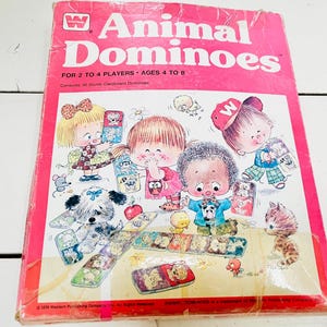 Juego de dominó de animales vintage de Whitman, juegos de cartas de mesa para niños, imágenes de animales retro de los años 70, 1976