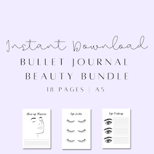 May include: A digital download titled "Instant Download BULLET JOURNAL BEAUTY BUNDLE" with 18 pages in A5 size. The image shows three small notebooks with beauty-related themes: a glow-up planner, eye looks, and eye makeup.