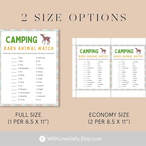 May include: Two printable camping baby animal match game cards. The cards are printed on a white background with a plaid pattern. The text on the cards reads "Camping Baby Animal Match". The cards are available in two sizes: full size (1 per 8.5 x 11 inches) and economy size (2 per 8.5 x 11 inches).