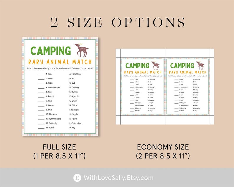 May include: Two printable camping baby animal match game cards. The cards are printed on a white background with a plaid pattern. The text on the cards reads "Camping Baby Animal Match". The cards are available in two sizes: full size (1 per 8.5 x 11 inches) and economy size (2 per 8.5 x 11 inches).
