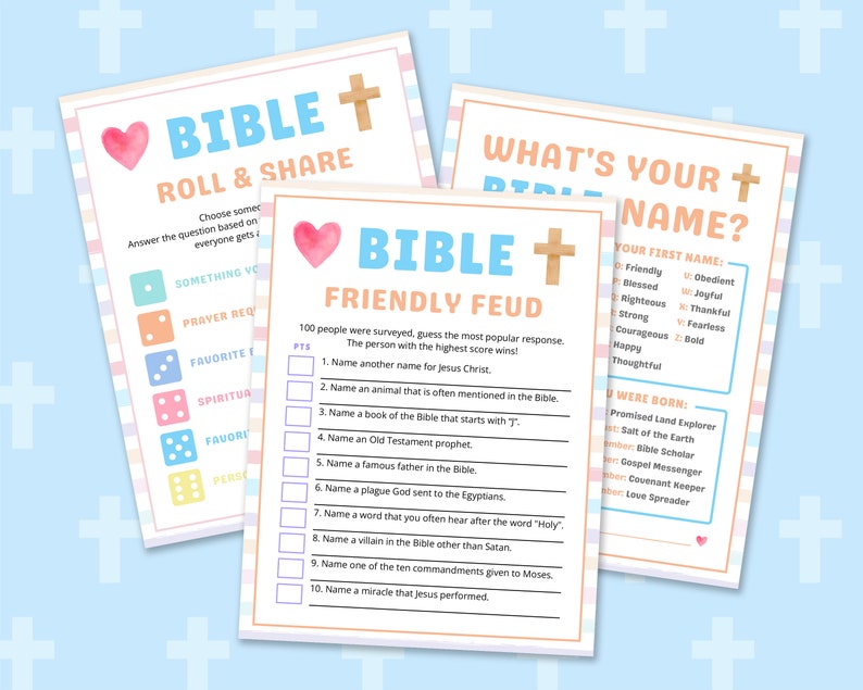 Peut inclure: Deux cartes de jeu bibliques imprimables avec des arri&egrave;re-plans rose, bleu et jaune. La premi&egrave;re carte est intitul&eacute;e "Bible Roll & Share" et a un c&oelig;ur rose avec une croix. La deuxi&egrave;me carte est intitul&eacute;e "Bible Friendly Feud" et a un c&oelig;ur rose avec une croix. Les deux cartes ont une liste de questions li&eacute;es &agrave; la Bible.