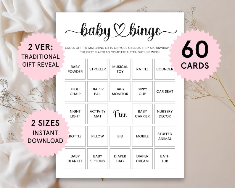 Op de afbeelding: Een printbaar baby bingo kaartspel met 60 kaarten. De kaart heeft een roze hart en de woorden "baby bingo" in cursief. De kaart is verdeeld in een 5x5 raster met vakjes die babygerelateerde items bevatten zoals babypoeder, kinderwagen, muzikaal speelgoed, rammelaar, wipstoel, hoge stoel, luieremmer, babyfoon, tuitbeker, autostoeltje, nachtlampje, speelmat, gratis, baby draagzak, kinderkamerdecoratie, fles, kussen, slab, mobiel, knuffeldier, babydeken, baby lepels, luiertas, luiercr&egrave;me en badkuip.