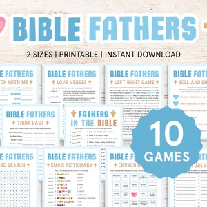 May include: A set of printable Bible games in light blue and white. The games include word searches, emoji pictionary, and matching games. The image text reads "Bible Fathers" and "10 Games". The games are available in 2 sizes.