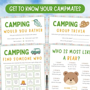 May include: Four printable camping game cards with a green and white checkered background. The cards are titled "Camping Would You Rather", "Camping Group Trivia", "Camping Find Someone Who", and "Who is Most Like a Bear?" The cards feature various camping-themed illustrations and questions.