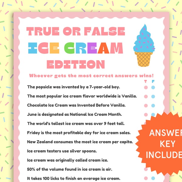 Ice Cream Fact or Fiction Ice Cream Party Games Kids Birthday Games Fun Summer Activities for Kids Ice Cream Party Social Printable Trivia