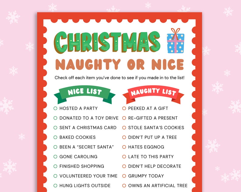 Christmas Naughty or Nice List Fun Christmas Printable Game Christmas Games for Adults Office