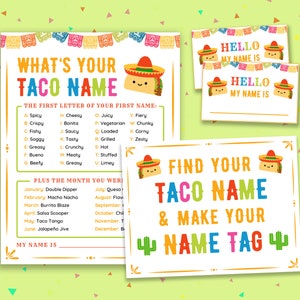 May include: A printable party game for a taco-themed party. The game asks guests to find their "Taco Name" based on the first letter of their first name and the month they were born. The game includes a printable name tag template.