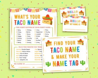 Jaka jest nazwa Twojego Taco, etykiety z imionami, gry na imprezę Taco dla dzieci Fiesta Printables Aktywności dla dzieci Gry urodzinowe Taco Gry rodzinne Fiesta