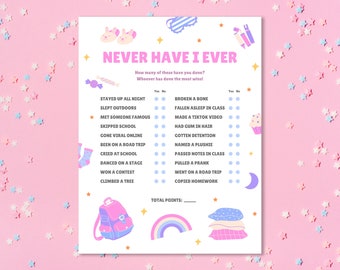 Nunca he tenido / Juegos para fiestas de pijamas / Actividades para fiestas de pijamas / Nunca o nunca / Juegos para fiestas de pijamas de niñas / Juegos imprimibles para cumpleaños de niños