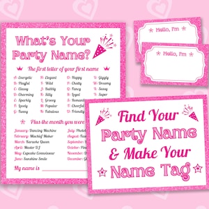 Whats Your Party Name, Name Tags, Sign Pink Birthday Party Games for Kids Adults Name Generator Printable Games Fun Bach Party Icebreaker