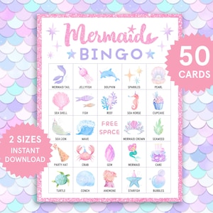 Puede incluir: Una tarjeta de bingo con temática de sirenas en rosa y morado, con el texto "Mermaids BINGO" y "50 CARDS". La tarjeta presenta ilustraciones de sirenas y criaturas marinas. También se ven las palabras "2 SIZES INSTANT DOWNLOAD".