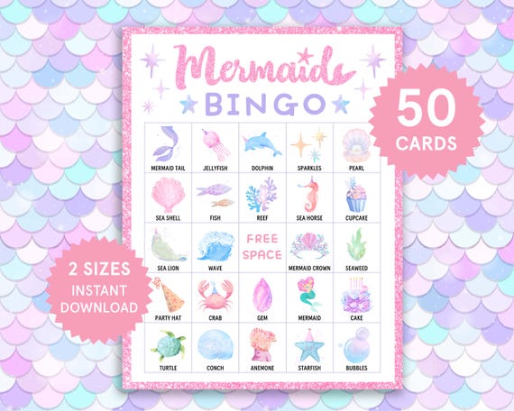 Mermaid Bingo Cards Mermaid Games Girls Mermaid Activities for Kids Mermaid Birthday Party Games Under the Sea Printable Bingo Game for Kids