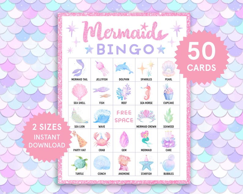 May include: A pink and purple mermaid-themed bingo game card with the text "Mermaids BINGO" and "50 CARDS". The card features illustrations of mermaids, sea creatures, and other related images. The words "2 SIZES INSTANT DOWNLOAD" are also visible.
