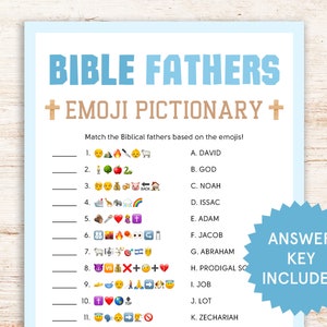 May include: A light blue game sheet titled "Bible Fathers Emoji Pictionary". The game presents emoji clues to match with Biblical fathers. An "Answer Key Included" note is in a blue starburst shape.